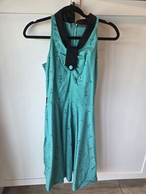 Teal Cocktail Print Sleeveless Dress with Black Collar